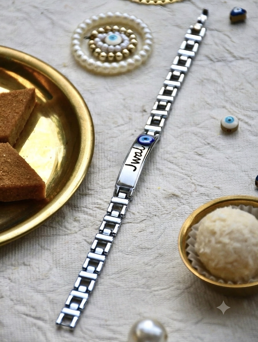Premium Silver-Plated Personalized Evil Eye Rakhi for Brother