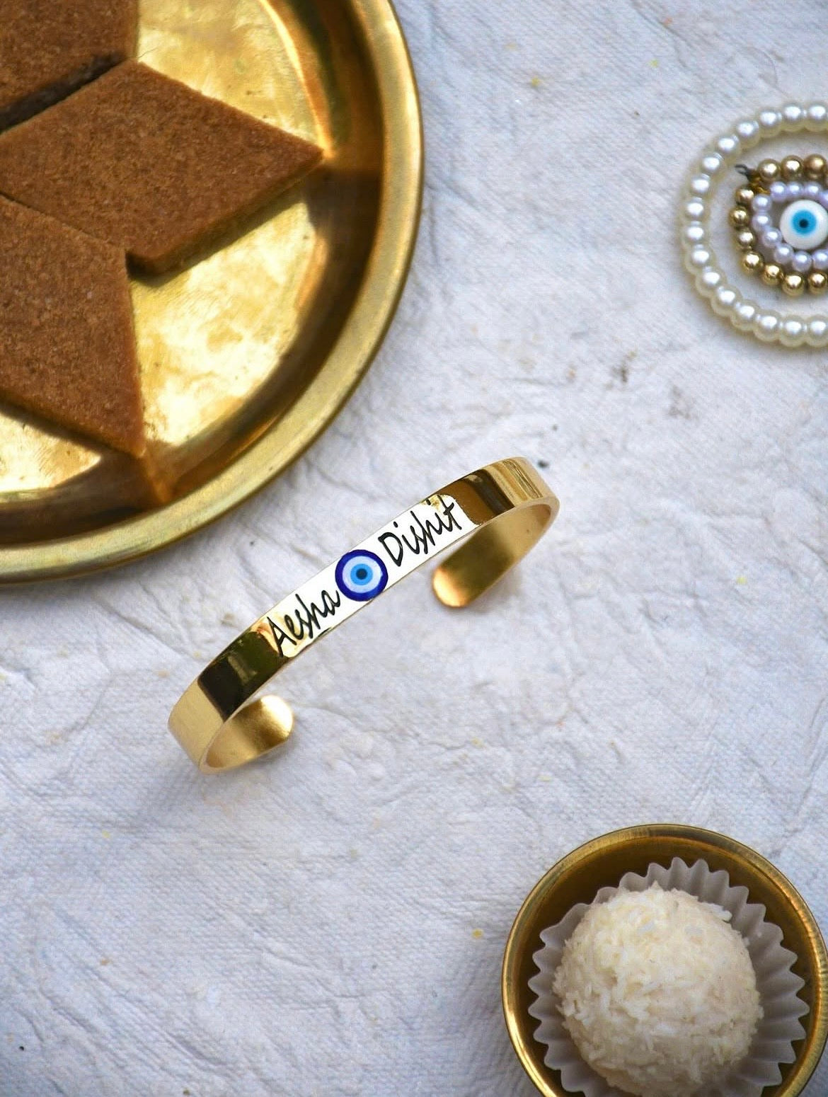 Premium Gold-Plated Personalized Evil Eye Bhabhi Rakhi Kada