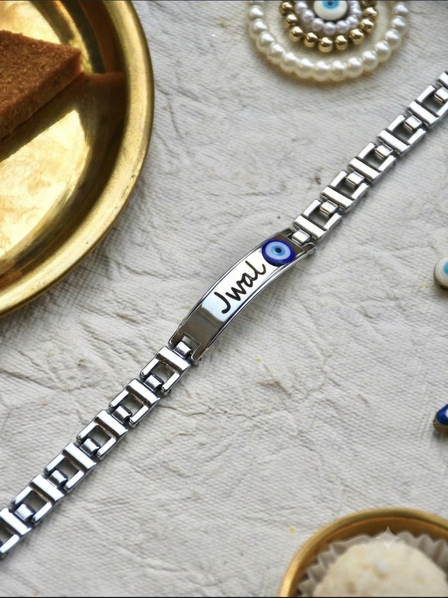 Premium Silver-Plated Personalized Evil Eye Rakhi for Brother
